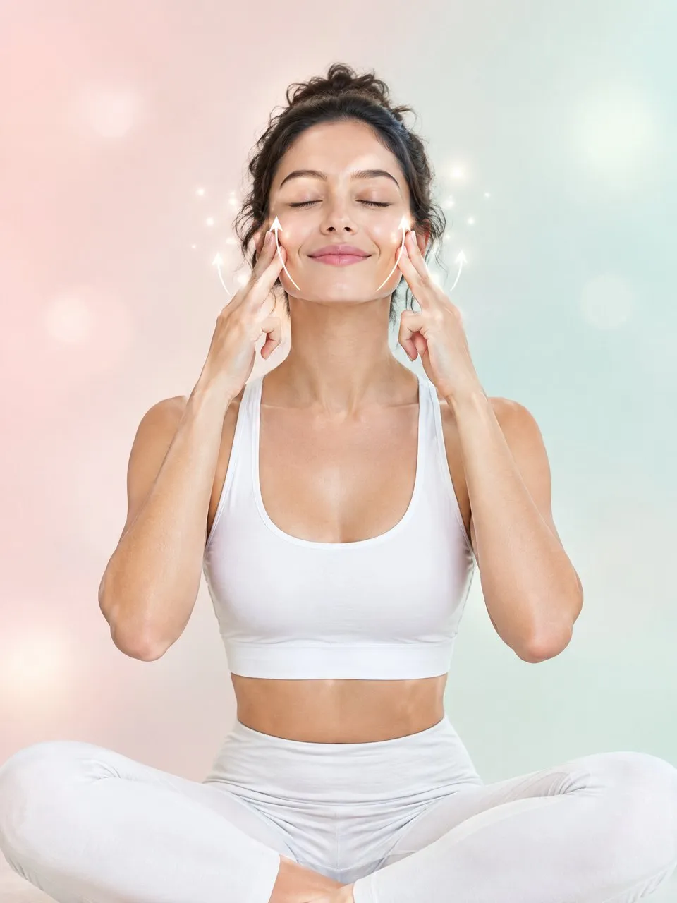 Woman practising face yoga with eyes closed, from Gluvy's face yoga course