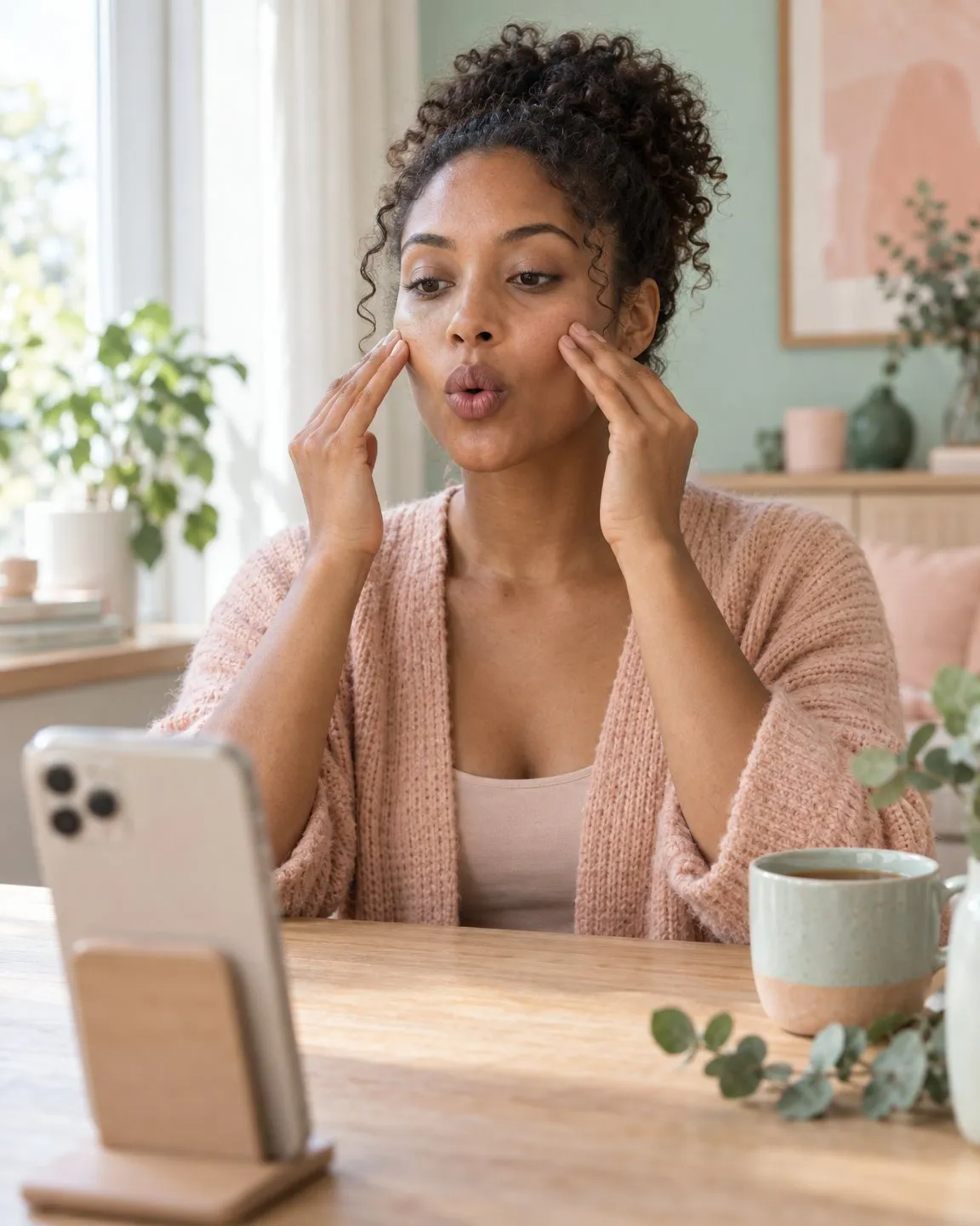 Woman doing a face yoga cheek exercise at a table, following along on an iPhone propped on a stand