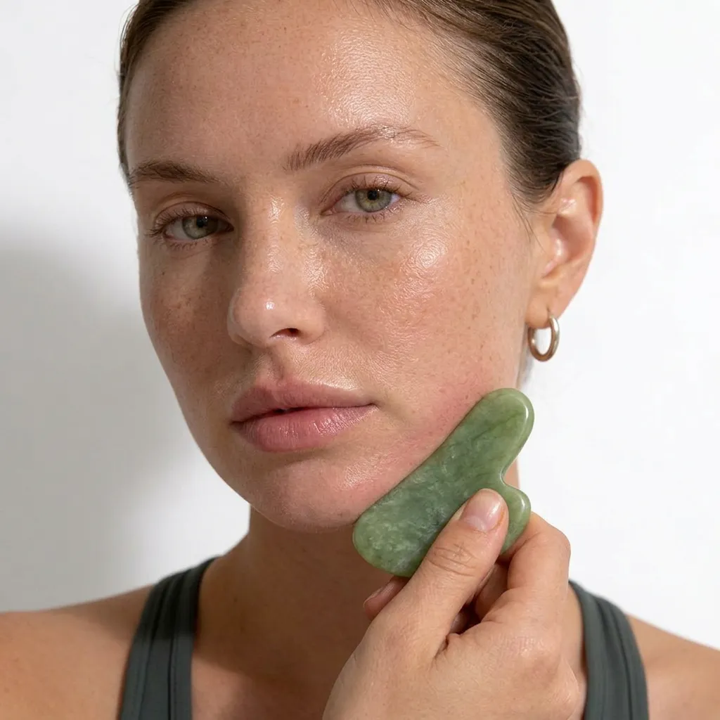 Woman gliding a jade gua sha stone along her cheek, from Gluvy's gua sha course