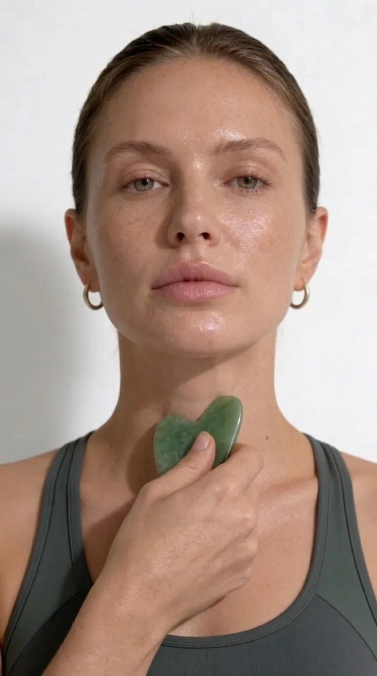 Woman using a gua sha stone on her neck, cover of Gluvy's neck course