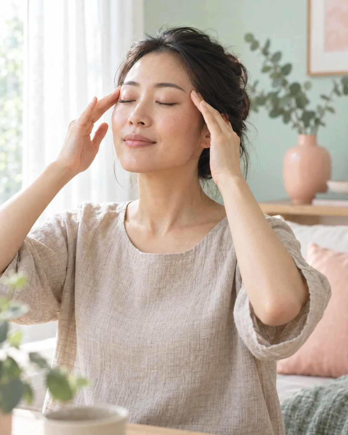 Woman with eyes closed resting her fingertips on her temples in a gentle face yoga move, in soft morning light