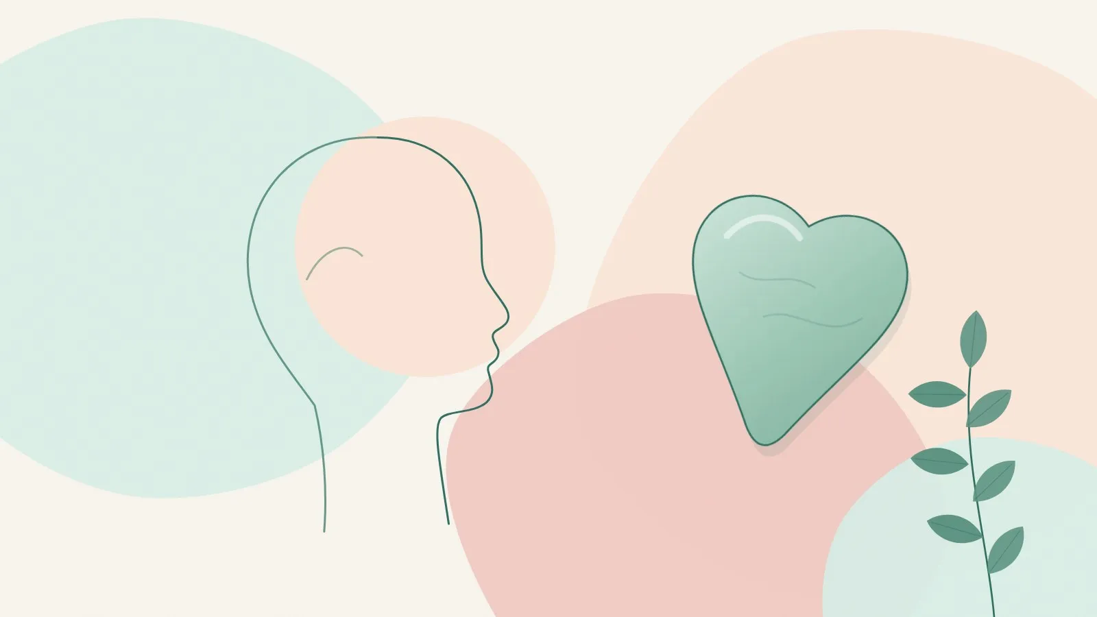 Minimal line illustration of a face in side profile beside a jade heart-shaped gua sha stone on soft mint, peach and blush shapes