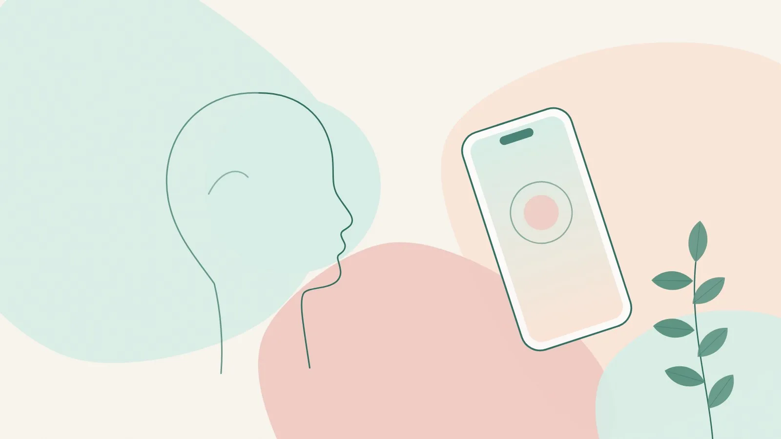 Flat illustration of a smartphone with a blank screen beside a neck-and-jaw line drawing and a green leaf sprig on mint, peach and blush shapes