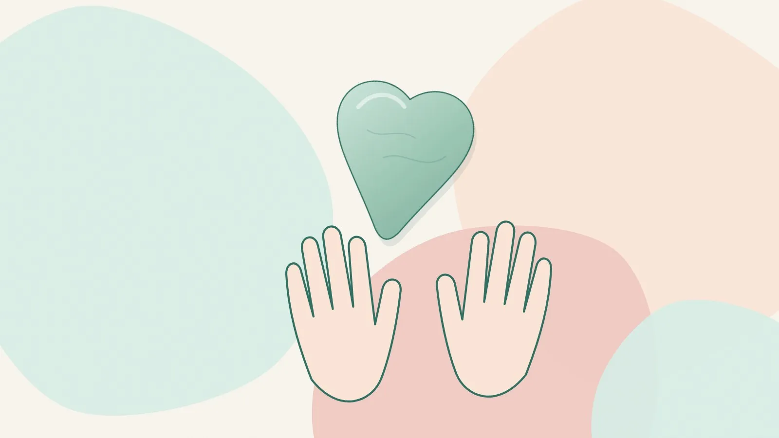 Flat illustration of a jade heart-shaped gua sha stone beside two open hands outlined in deep green on mint, peach and blush shapes