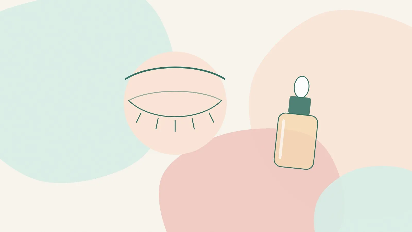 Flat illustration of a closed eye drawn in soft lines above a skincare dropper bottle on mint, peach and blush shapes