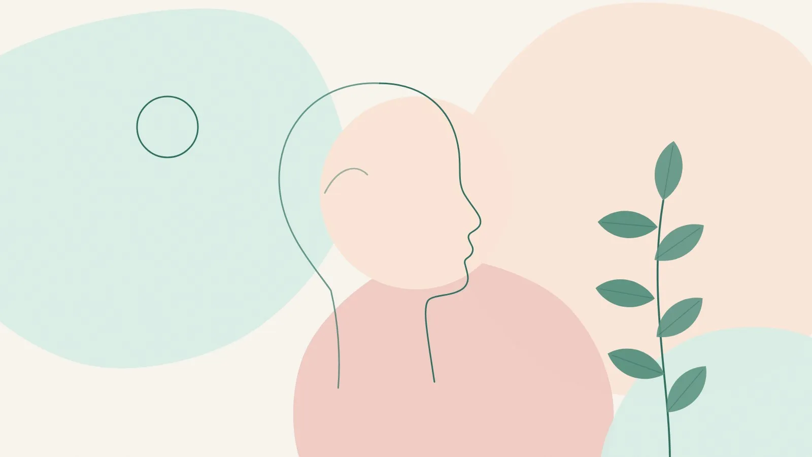 Minimal line illustration of a short-haired person's face and neck in side profile with a green leaf sprig on mint, peach and blush shapes