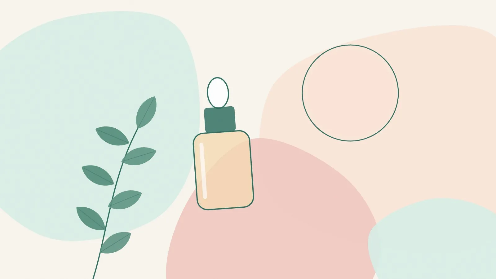 Flat illustration of a peach sun circle beside a skincare dropper bottle and a green leaf sprig on mint and blush shapes