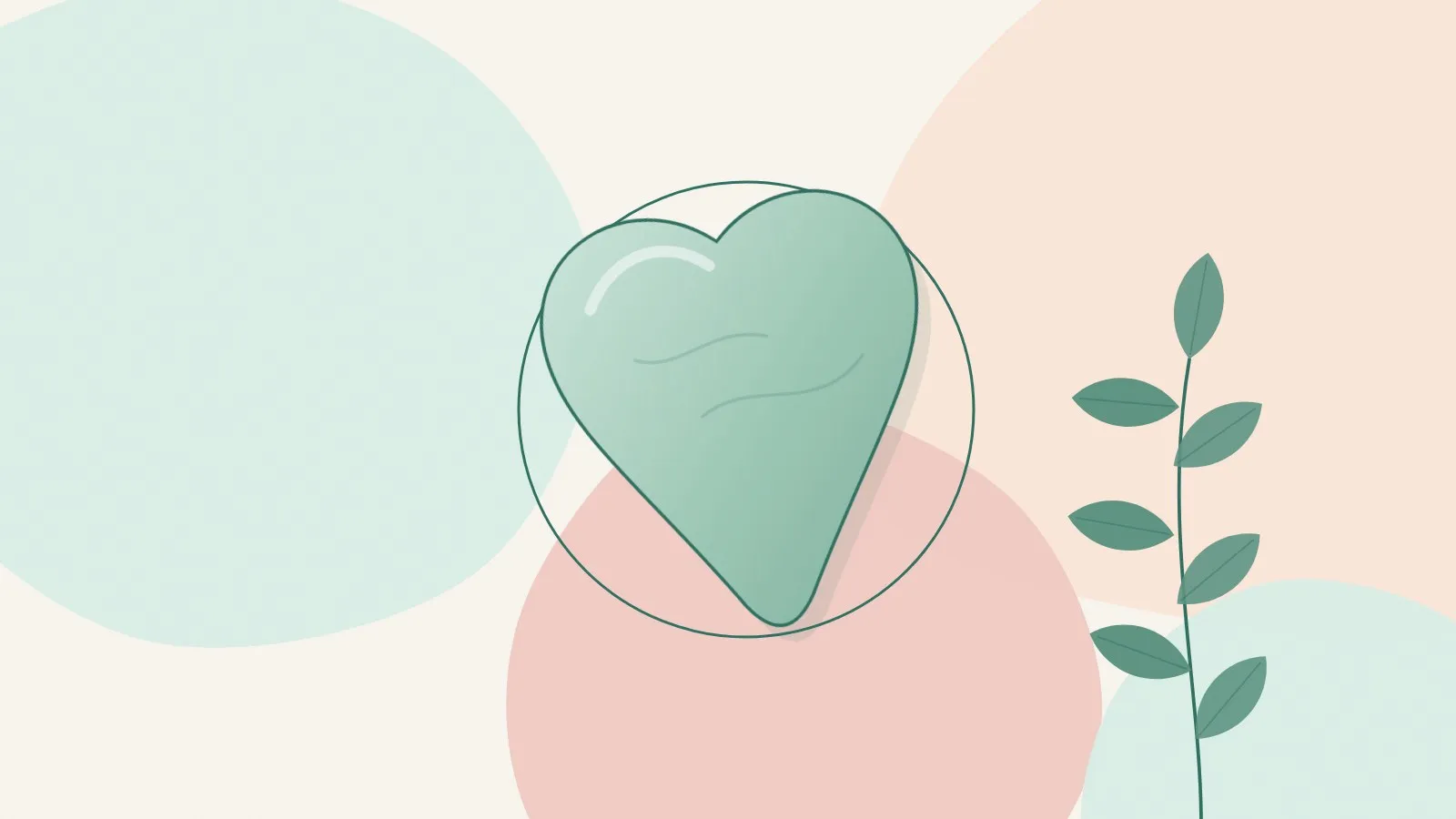 Flat illustration of a jade heart-shaped gua sha stone with a soft ring and a green leaf sprig on mint, peach and blush shapes