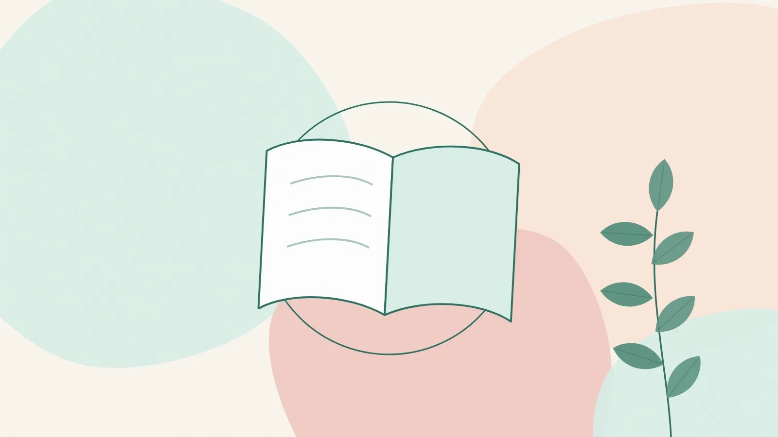 Flat illustration of an open book beside a soft ring and a green leaf sprig on mint, peach and blush shapes