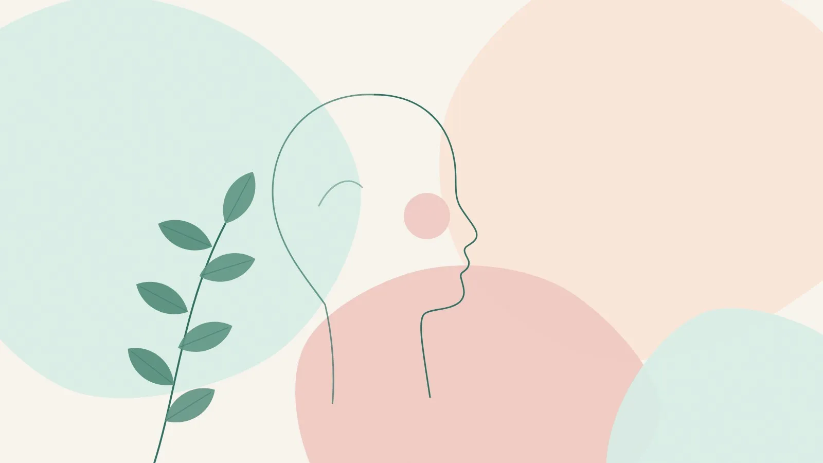 Minimal line illustration of a face in side profile with a soft peach circle on the cheek and a green leaf sprig on mint and blush shapes