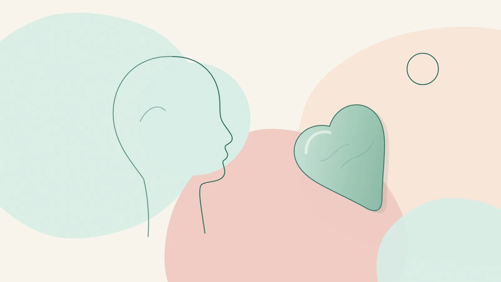 Minimal line illustration of a neck in side profile beside a jade heart-shaped gua sha stone on mint, peach and blush shapes