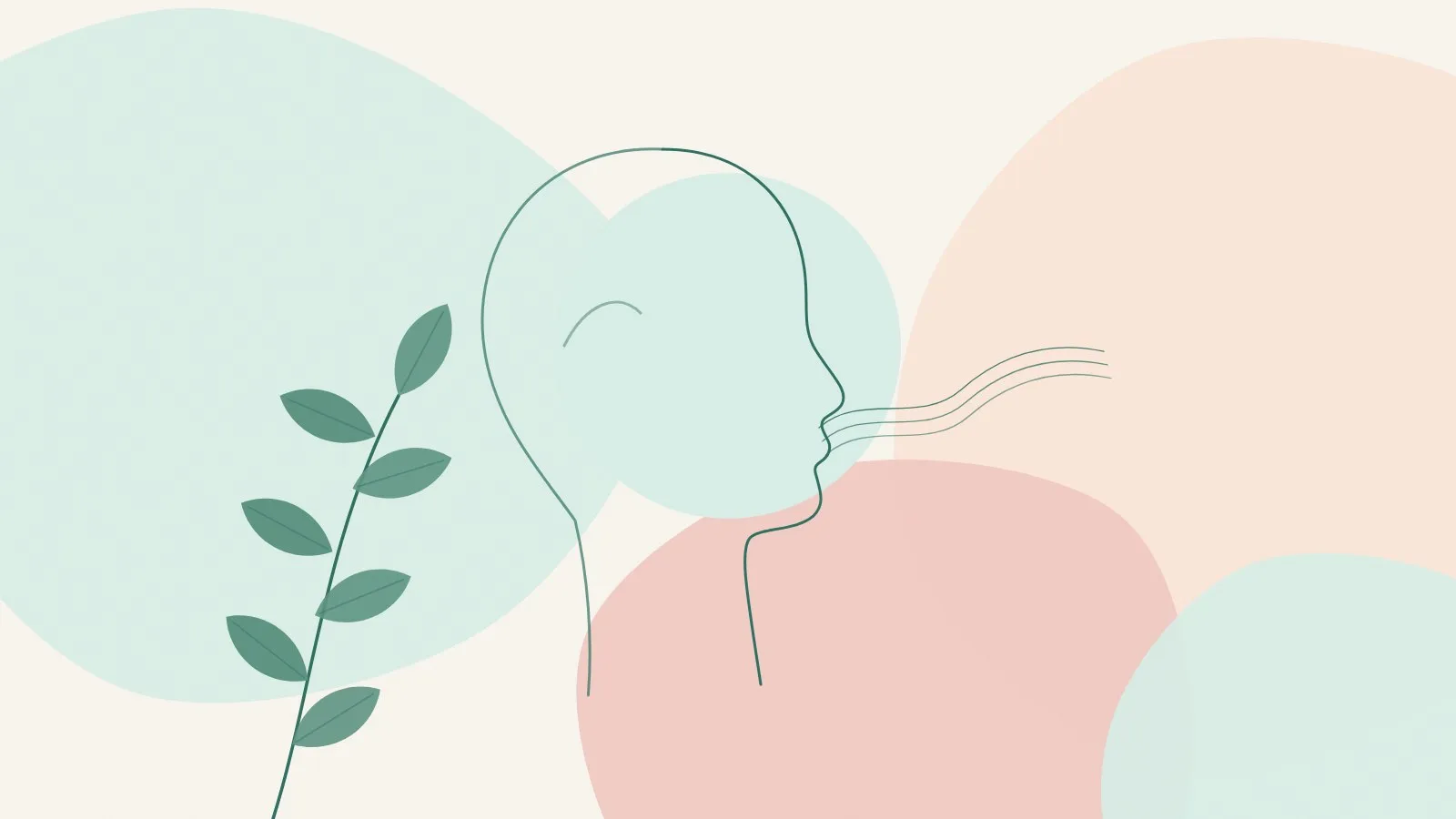 Minimal line illustration of a face in side profile with soft flowing lines across the cheek and jaw on mint, peach and blush shapes