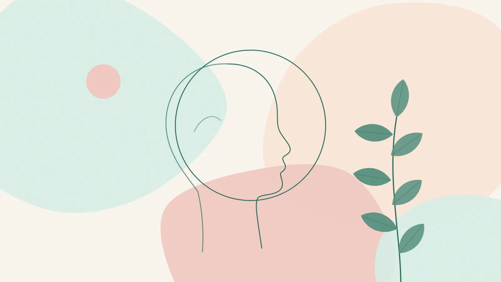 Minimal line illustration of a calm face in side profile inside a soft ring with a green leaf sprig on mint, peach and blush shapes