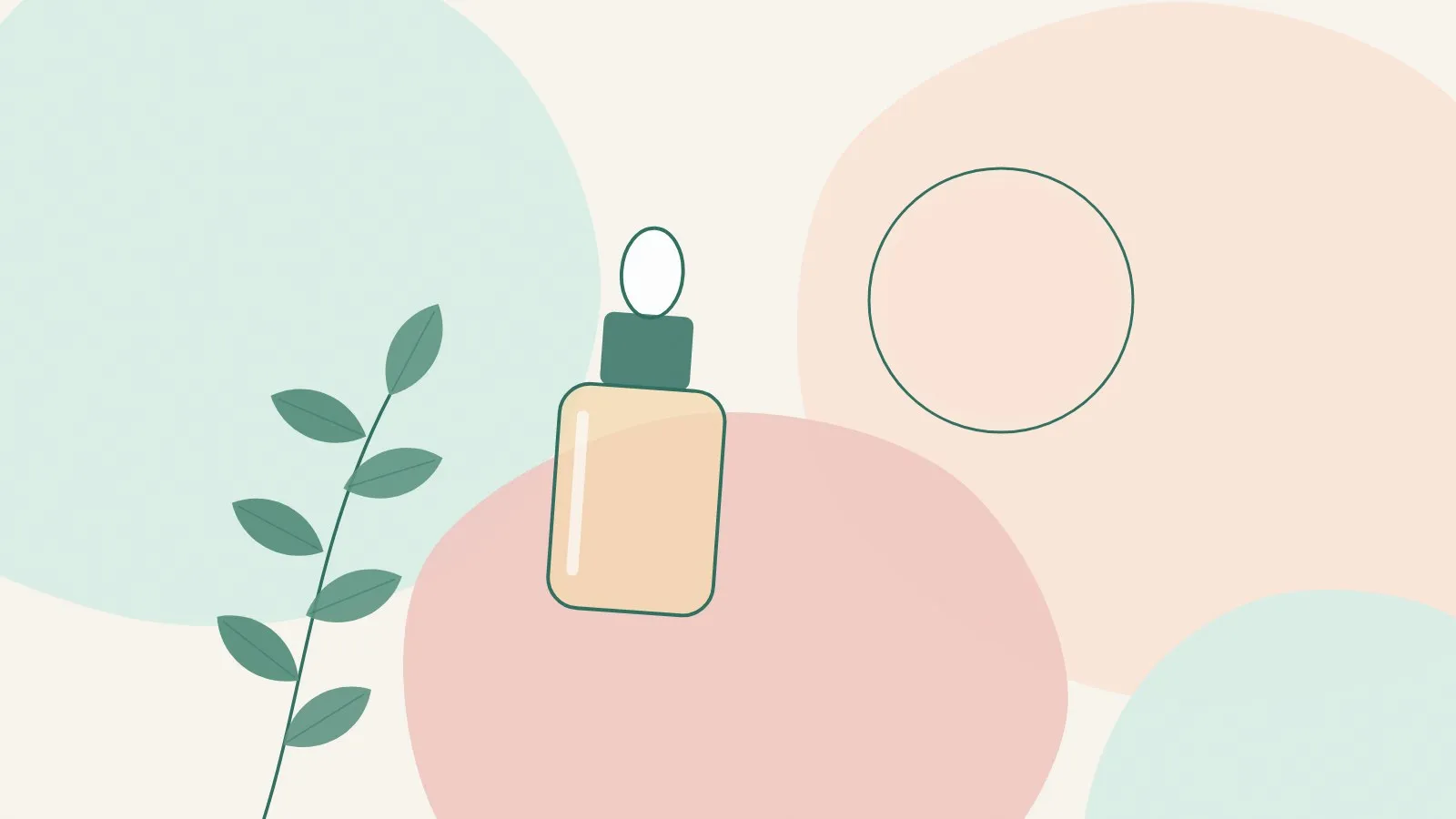 Flat illustration of a skincare dropper bottle beside a peach sun circle and a green leaf sprig on mint and blush shapes
