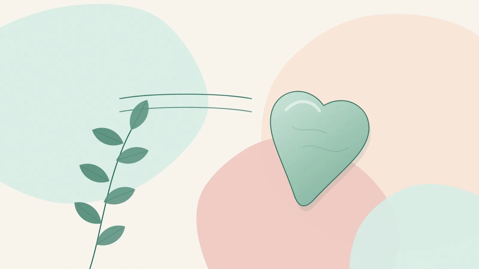 Flat illustration of a jade heart-shaped gua sha stone beside gentle arched lines and a green leaf sprig on mint, peach and blush shapes
