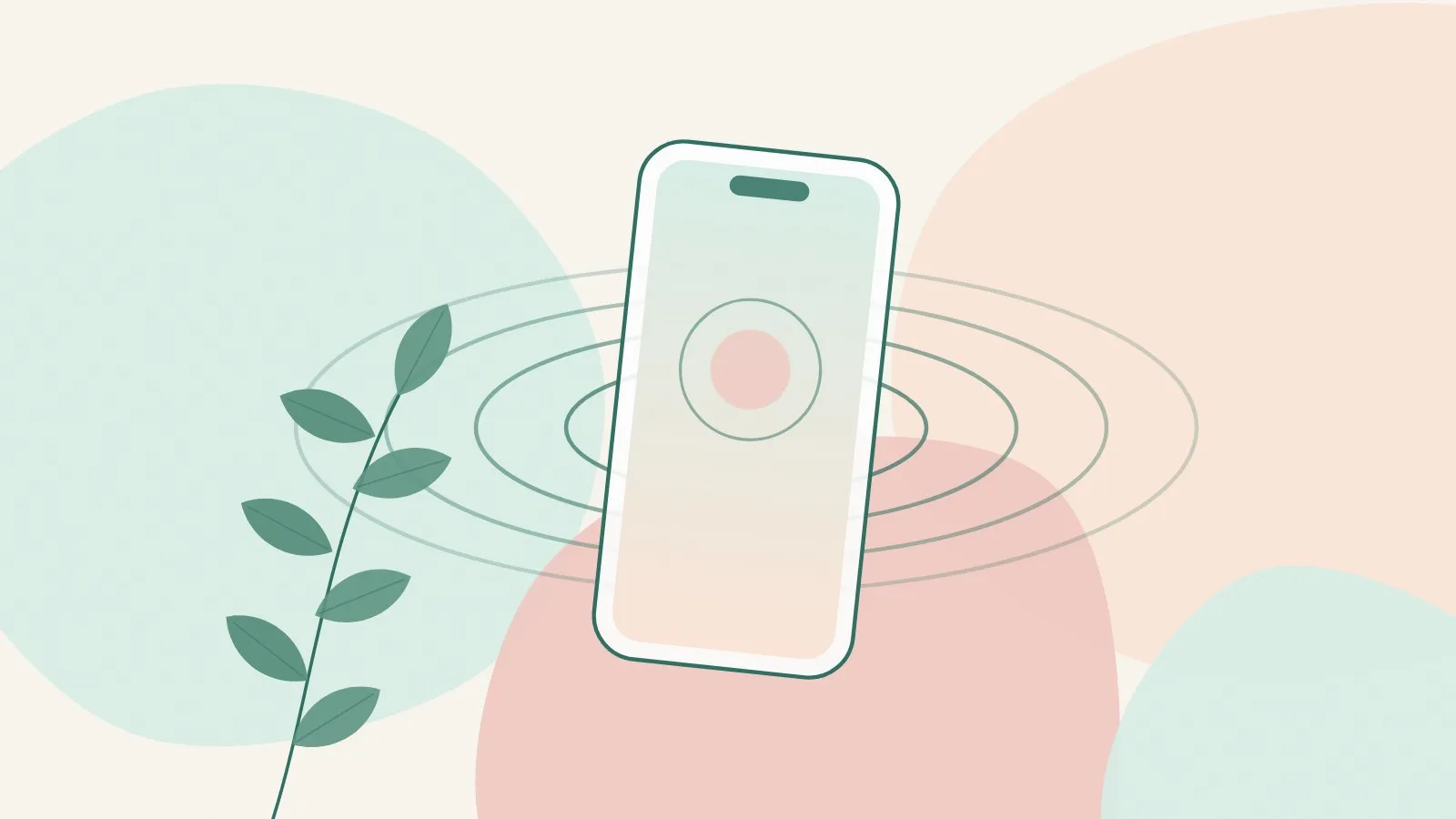 Flat illustration of a smartphone with a blank screen beside soft ripple lines and a green leaf sprig on mint, peach and blush shapes