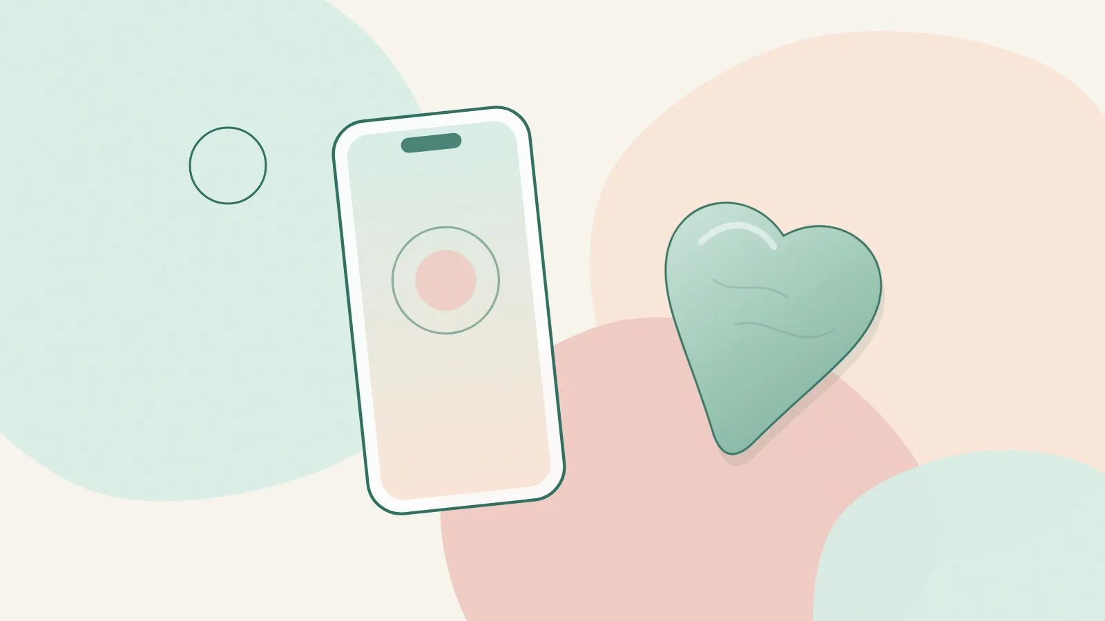 Flat illustration of a smartphone with a blank screen beside a jade heart-shaped gua sha stone on mint, peach and blush shapes