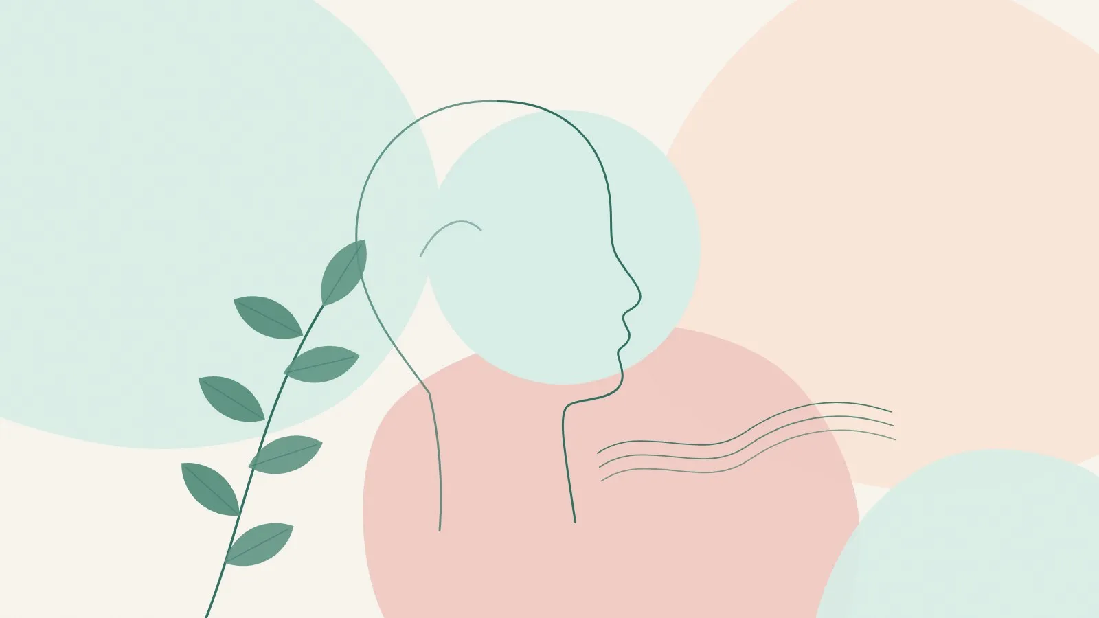 Minimal line illustration of a face in side profile with soft flowing lines near the jaw and neck on mint, peach and blush shapes