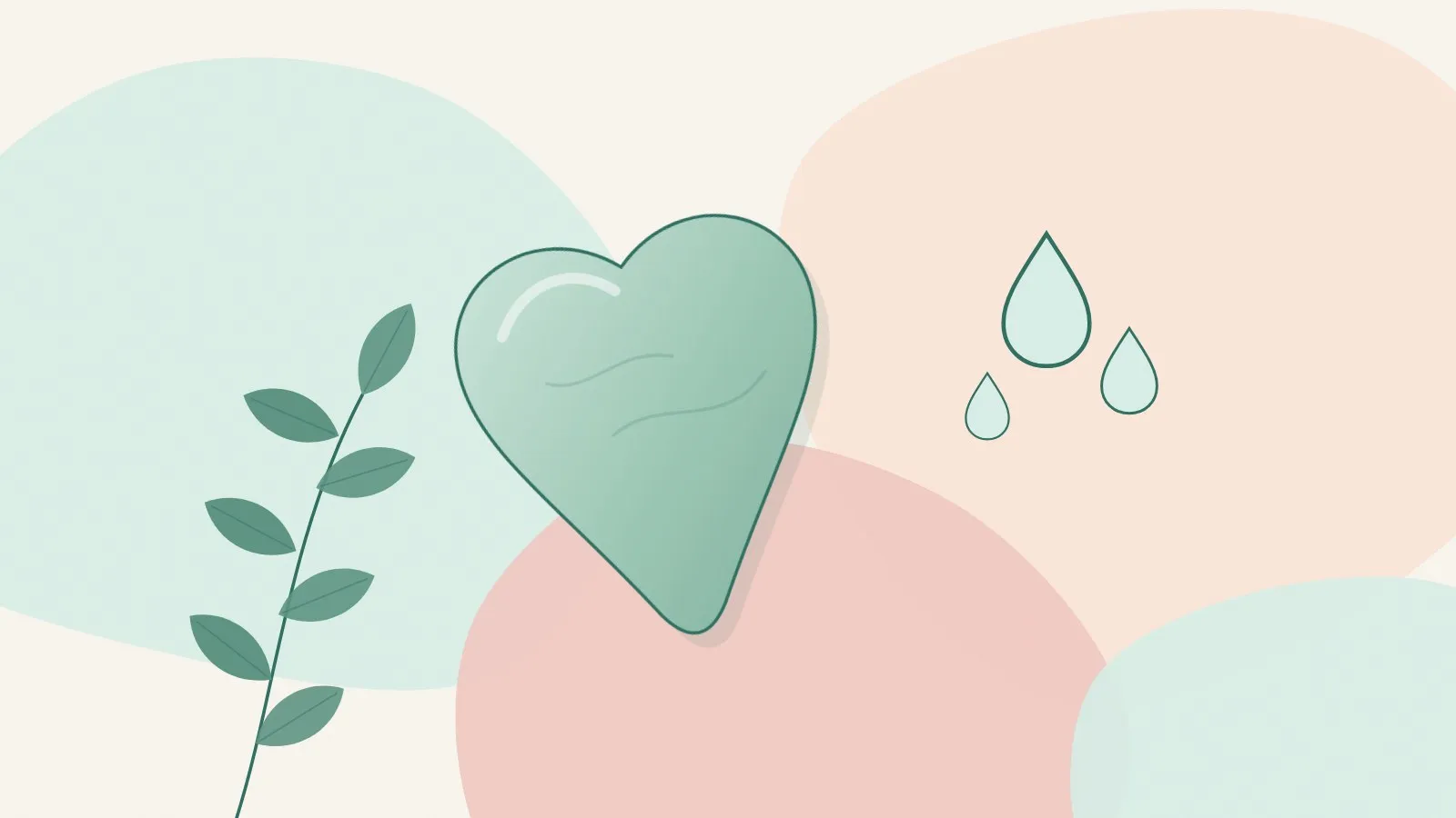 Flat illustration of a jade heart-shaped gua sha stone with water droplets and a green leaf sprig on mint, peach and blush shapes