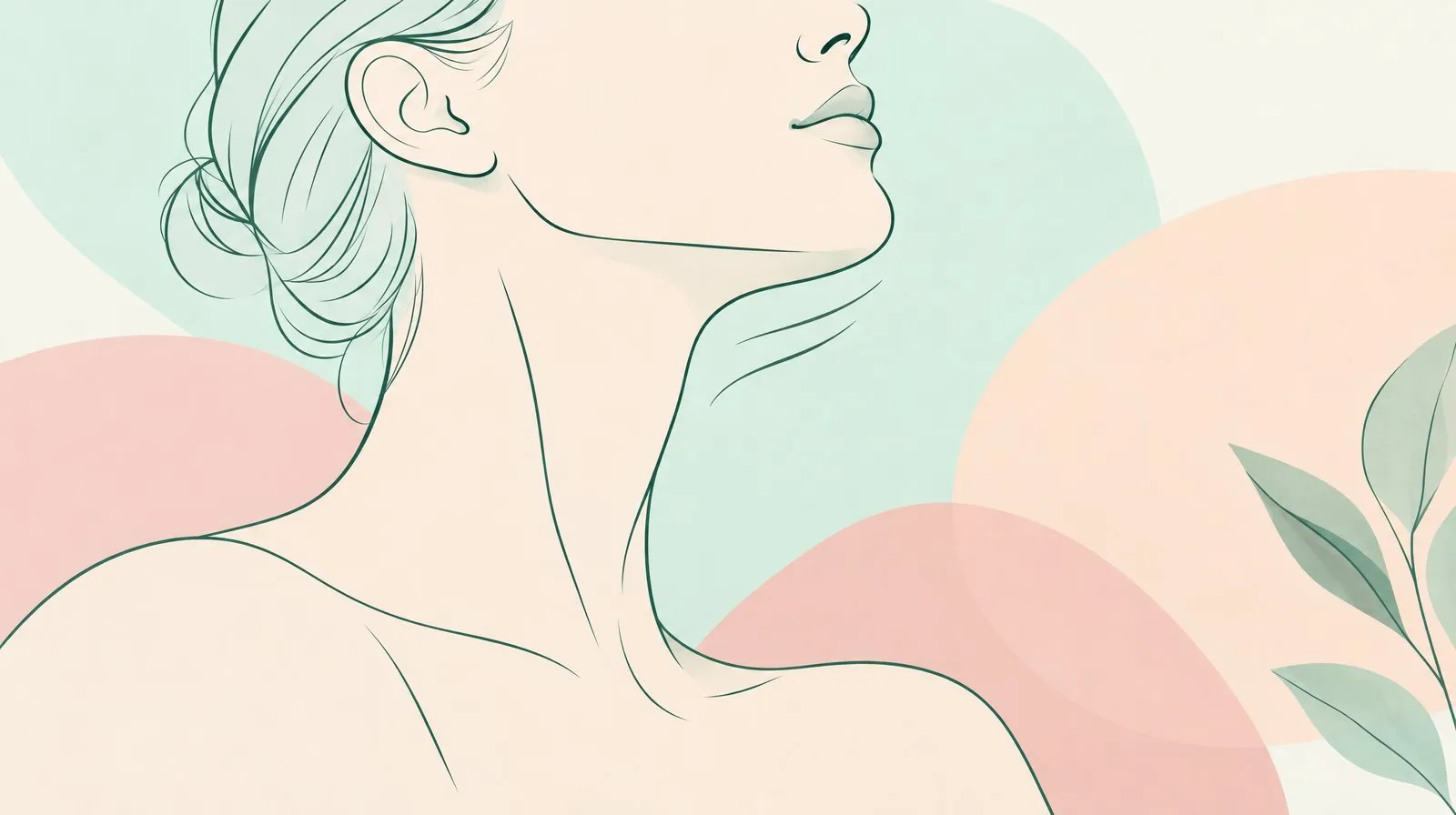 Line-art illustration of a neck and jawline in side profile with the chin slightly lifted on mint and peach shapes