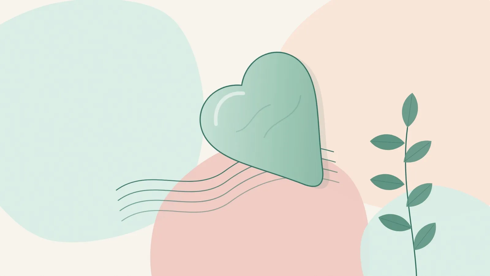 Flat illustration of a jade heart-shaped gua sha stone angled beside soft flowing lines and a green leaf sprig on mint, peach and blush shapes