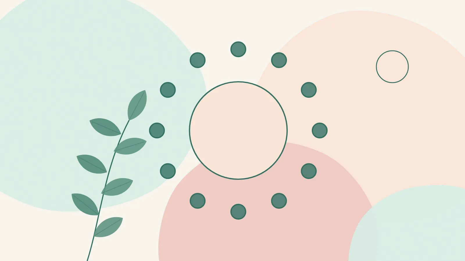 Flat illustration of a ring of small dots like a clock face beside a green leaf sprig on soft mint, peach and blush shapes