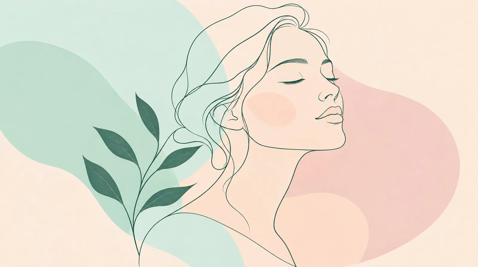 Line-art illustration of a calm woman with closed eyes on soft mint and peach shapes, representing a relaxed face yoga routine