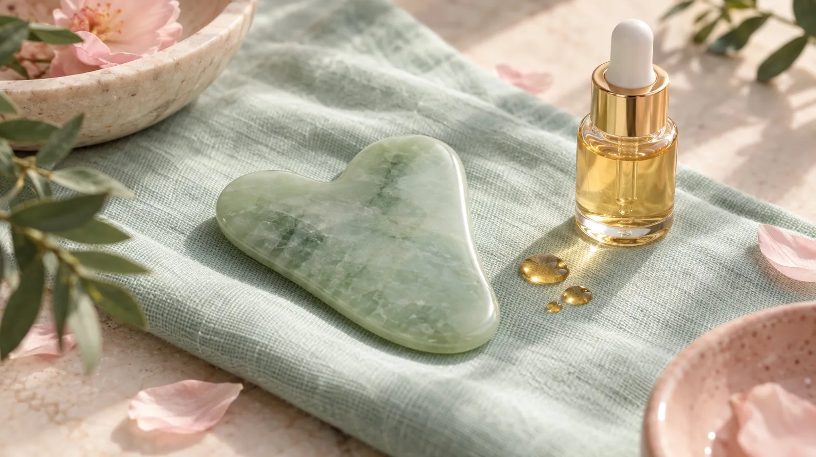 Heart-shaped jade gua sha stone on a mint linen cloth next to a dropper bottle and drops of facial oil