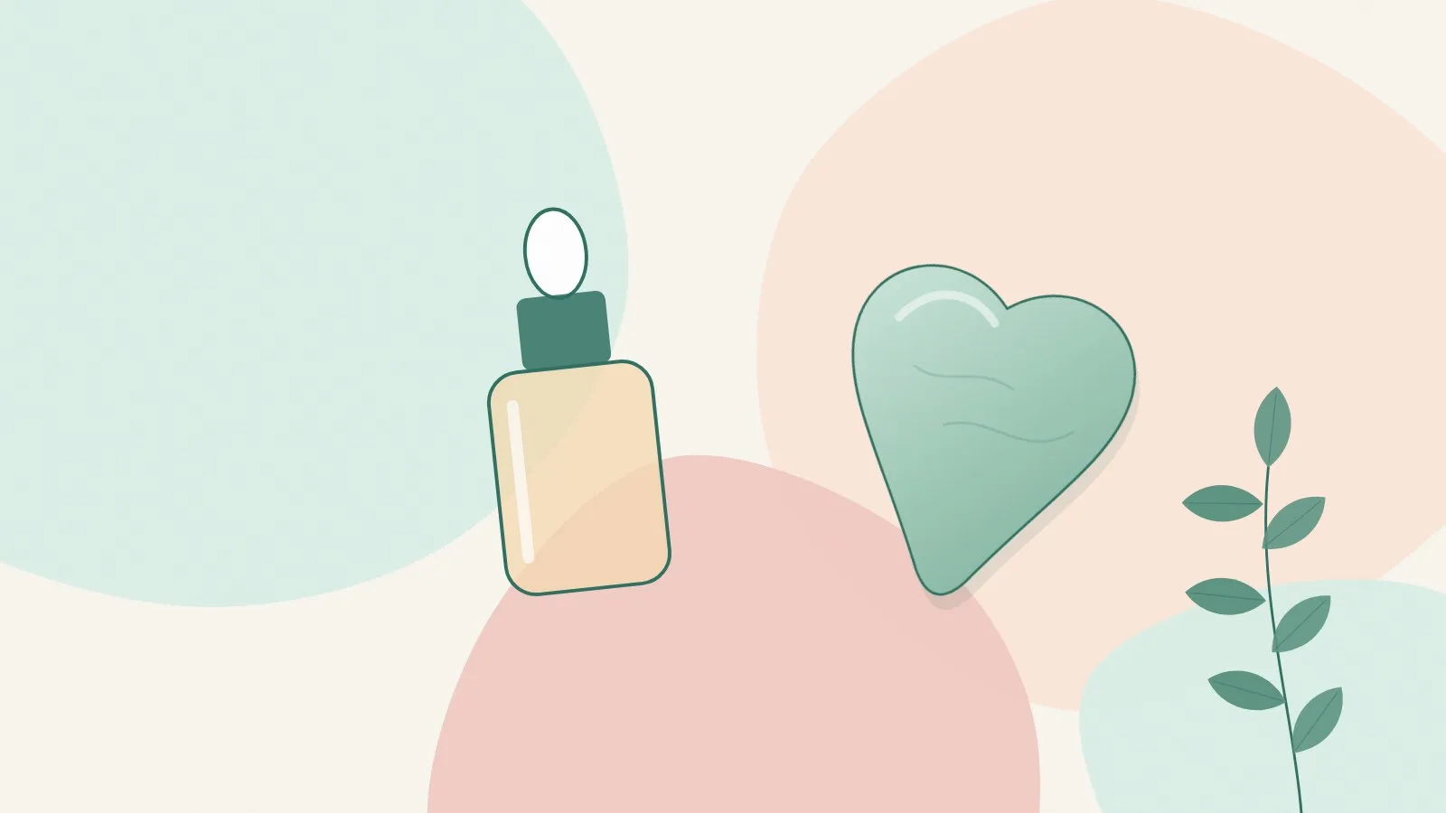 Flat illustration of a skincare dropper bottle beside a jade heart-shaped gua sha stone and a green leaf sprig on mint, peach and blush shapes