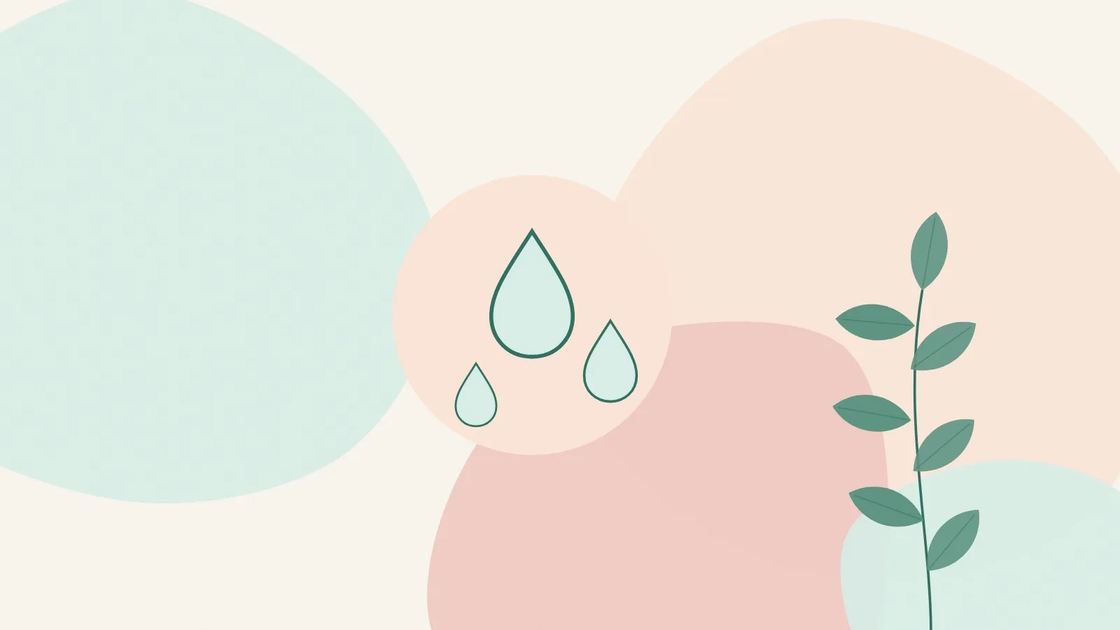 Flat illustration of a peach circle with water droplets and a green leaf sprig on soft mint and blush shapes