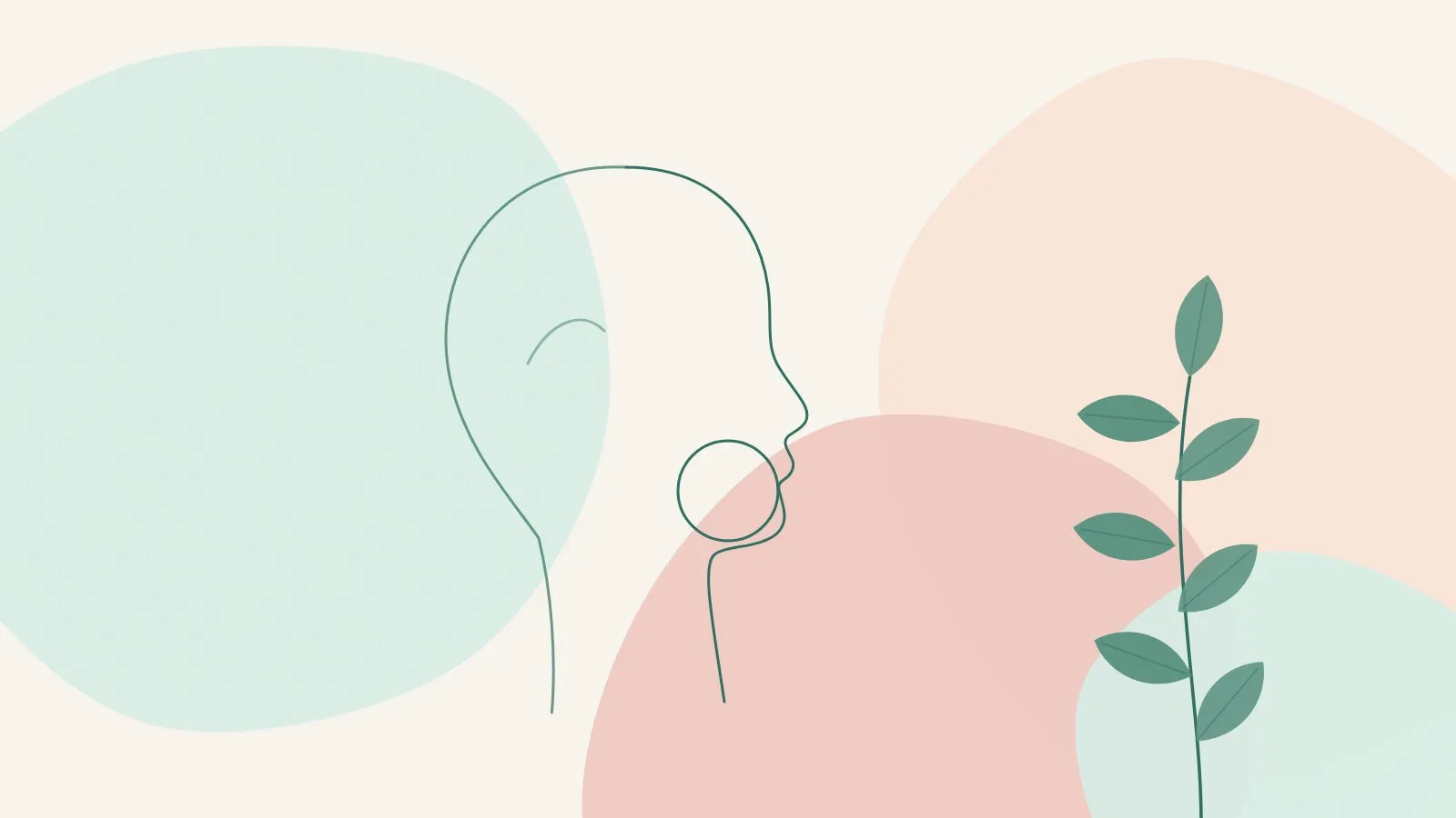 Minimal line illustration of a face in side profile with a soft ring near the jaw and a green leaf sprig on mint, peach and blush shapes