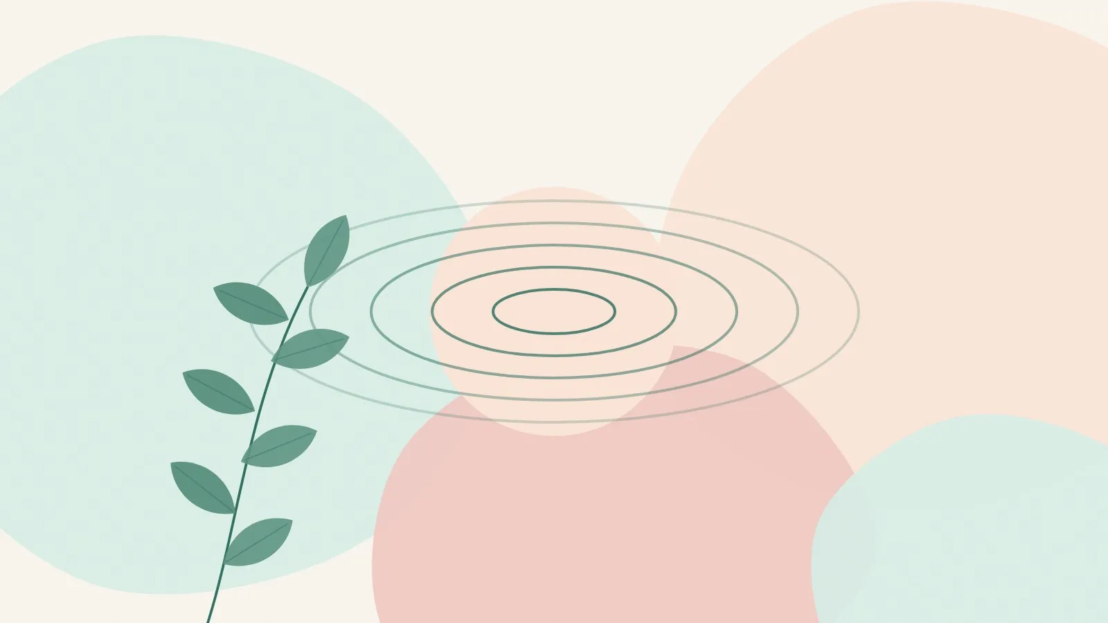 Flat illustration of a peach circle with soft ripple lines and a green leaf sprig on mint and blush shapes