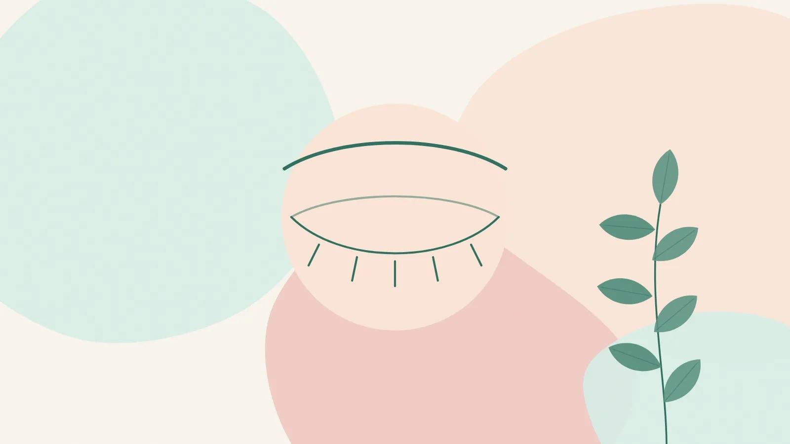 Flat illustration of soft curved lines like a closed eyelid inside a peach circle with a green leaf sprig on mint and blush shapes