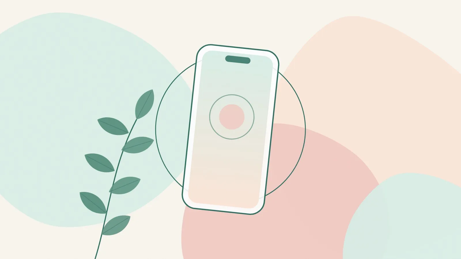 Flat illustration of a smartphone with a blank screen beside a soft ring and a green leaf sprig on mint, peach and blush shapes