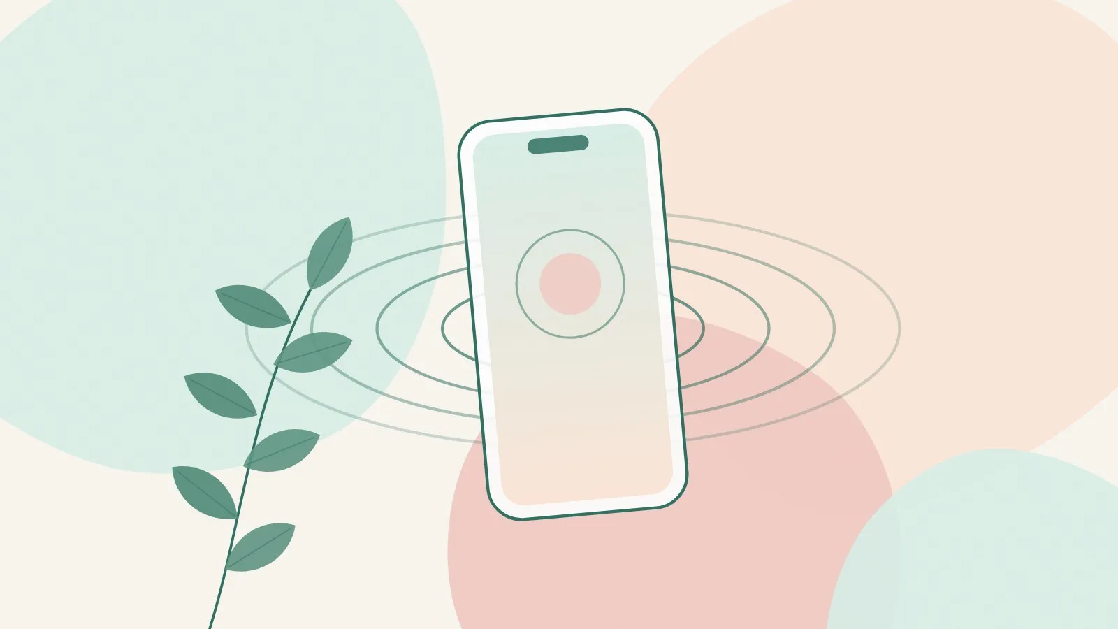 Flat illustration of a smartphone with a blank screen, soft ripple lines and a green leaf sprig on mint, peach and blush shapes