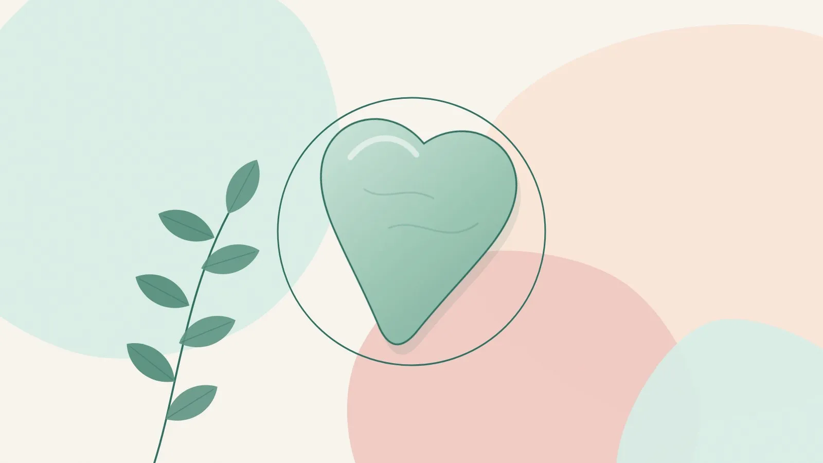 Flat illustration of a jade heart-shaped gua sha stone beside a soft ring and a green leaf sprig on mint, peach and blush shapes