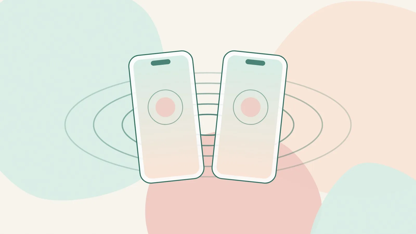 Flat illustration of two smartphones with blank screens side by side with soft ripple lines on mint, peach and blush shapes