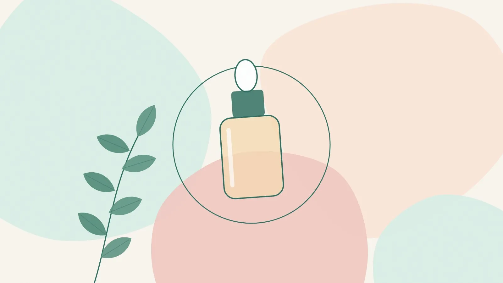 Flat illustration of a skincare dropper bottle beside a soft ring with a glossy highlight and a green leaf sprig on mint, peach and blush shapes