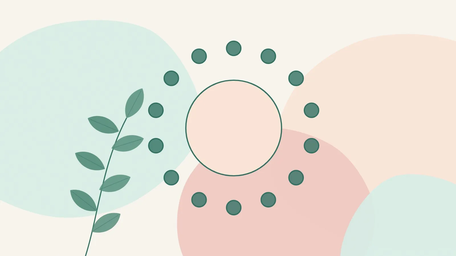 Flat illustration of a ring of small dots like a weekly calendar beside a green leaf sprig on mint, peach and blush shapes