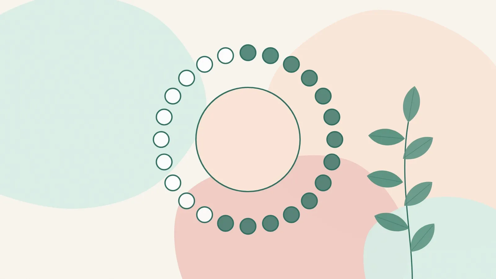 Flat illustration of a peach sun circle with a soft ring of dots and a green leaf sprig on mint and blush shapes