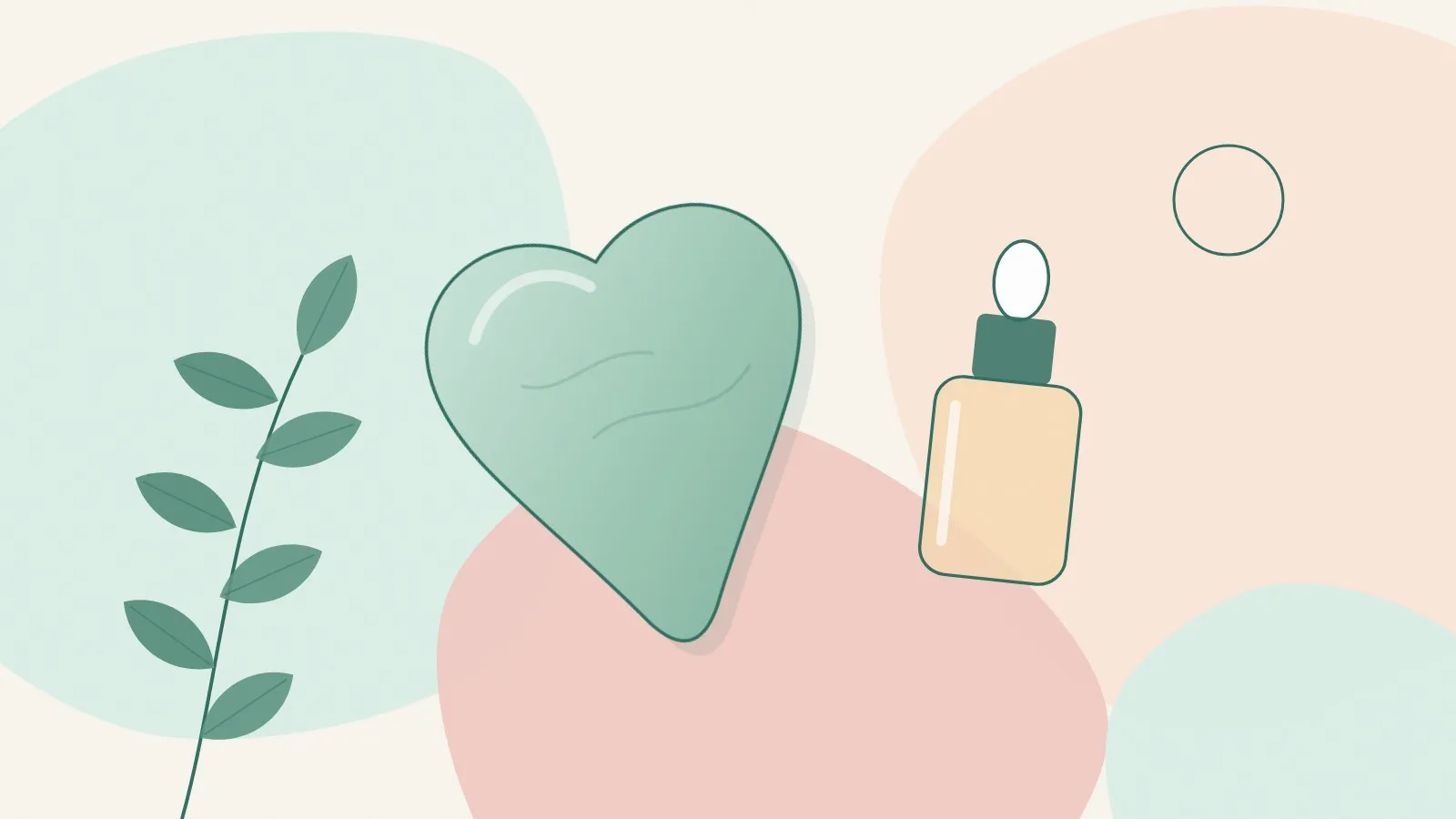 Flat illustration of a jade heart-shaped gua sha stone beside a dropper bottle of facial oil and a green leaf sprig on soft mint, peach and blush shapes