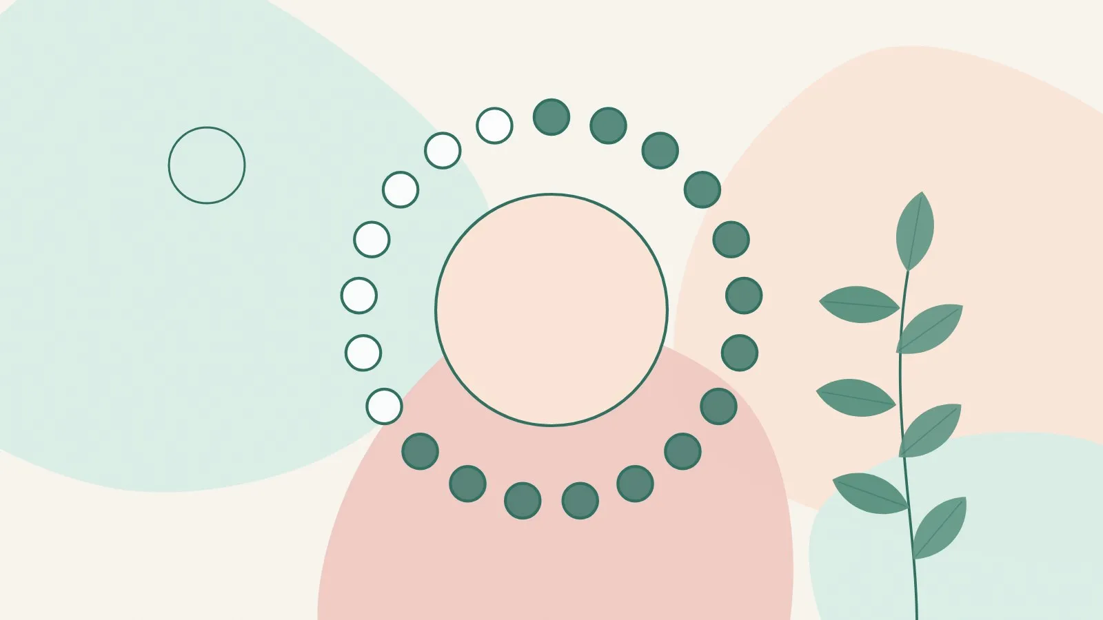 Flat illustration of a soft ring of small dots like a calendar cycle beside a green leaf sprig on mint, peach and blush shapes