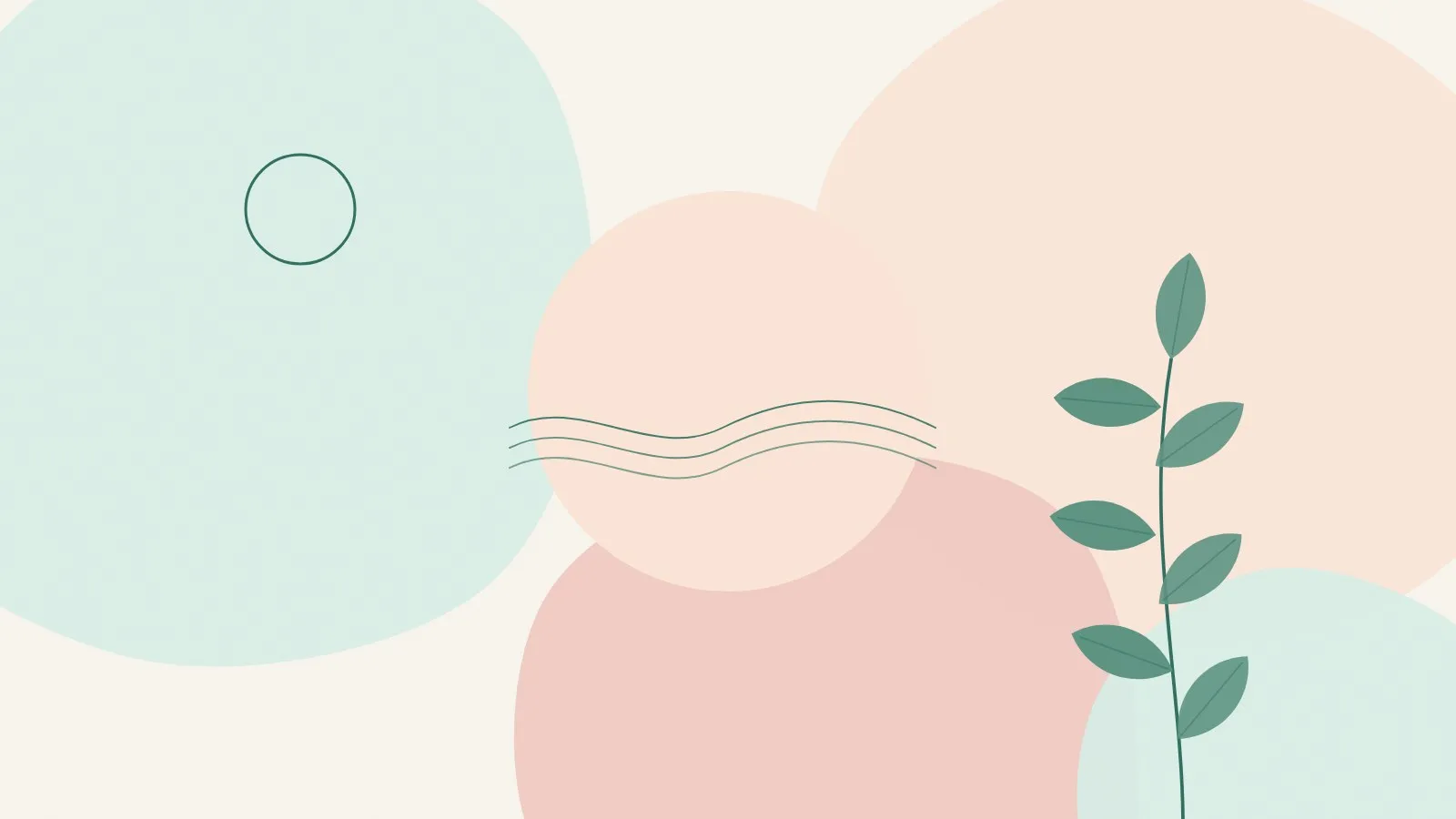 Flat illustration of a peach circle with soft curved lines and a green leaf sprig on mint and blush shapes, suggesting a gentle smile