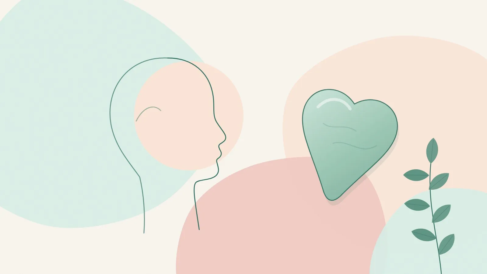 Flat illustration of a jade heart-shaped gua sha stone beside a calm face in side profile line drawing and a green leaf sprig on mint, peach and blush shapes