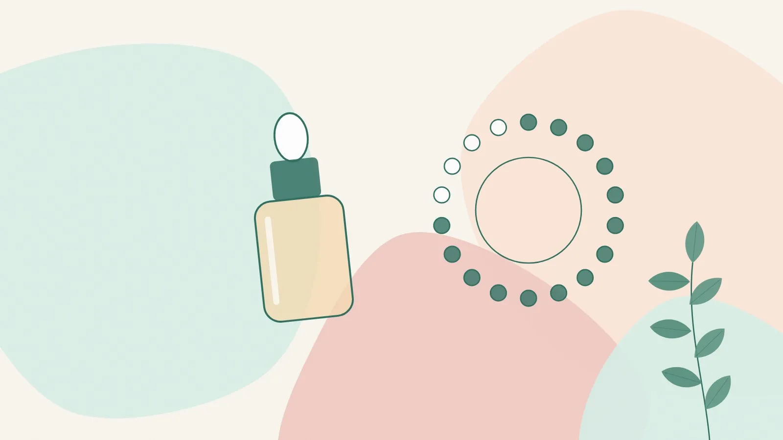 Flat illustration of a skincare dropper bottle beside small dots in a soft ring and a green leaf sprig on mint, peach and blush shapes