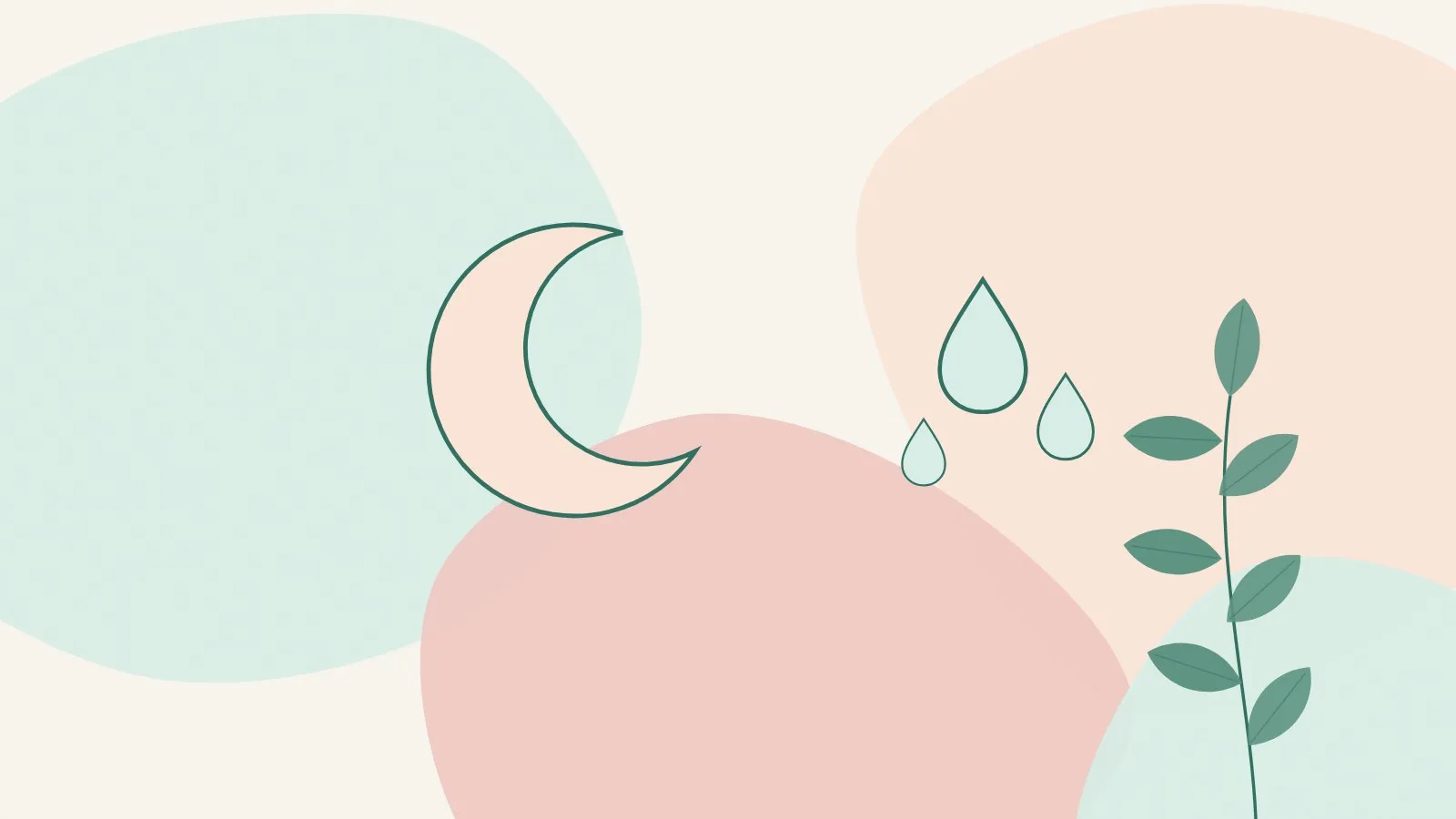 Flat illustration of a crescent moon beside water droplets and a green leaf sprig on mint, peach and blush shapes