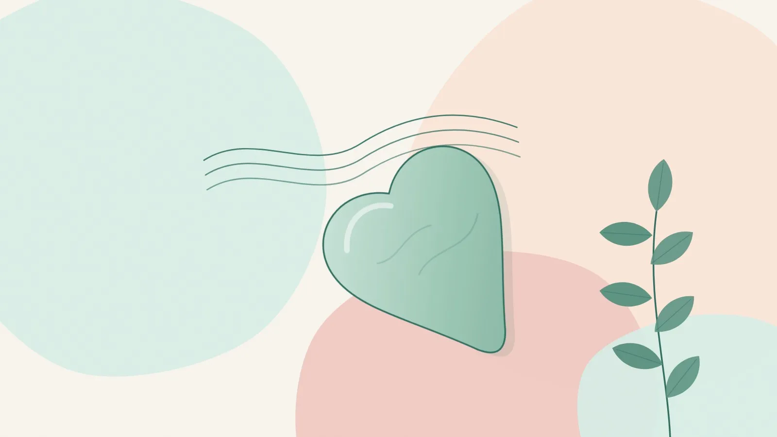Flat illustration of a jade heart-shaped gua sha stone angled beneath soft flowing lines and a green leaf sprig on mint, peach and blush shapes