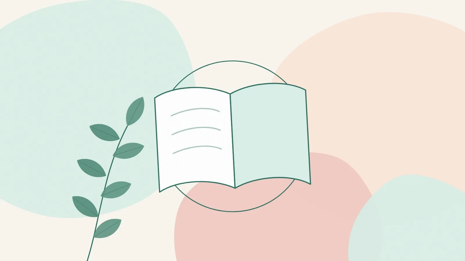 Flat illustration of an open book beside a soft ring and a green leaf sprig on mint, peach and blush shapes