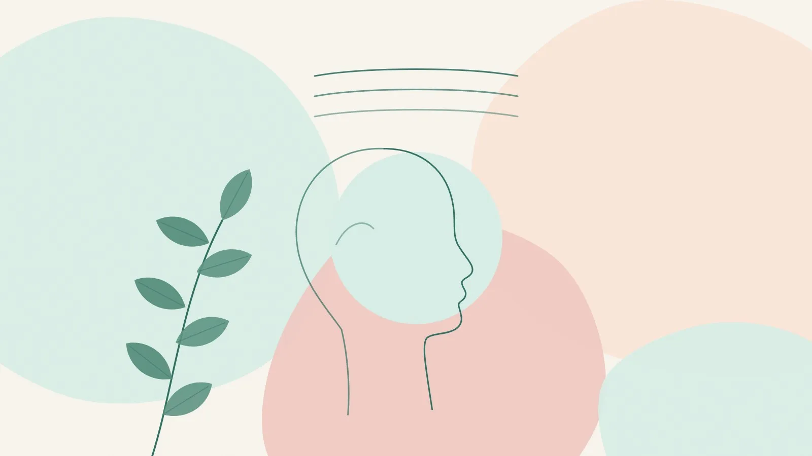 Minimal line illustration of a calm face in side profile with gentle horizontal lines above it and a green leaf sprig on mint, peach and blush shapes