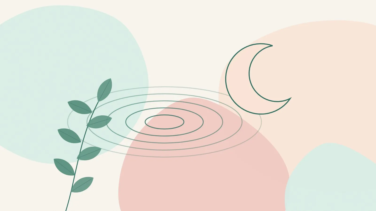 Flat illustration of a crescent moon beside soft ripple lines and a green leaf sprig on mint, peach and blush shapes